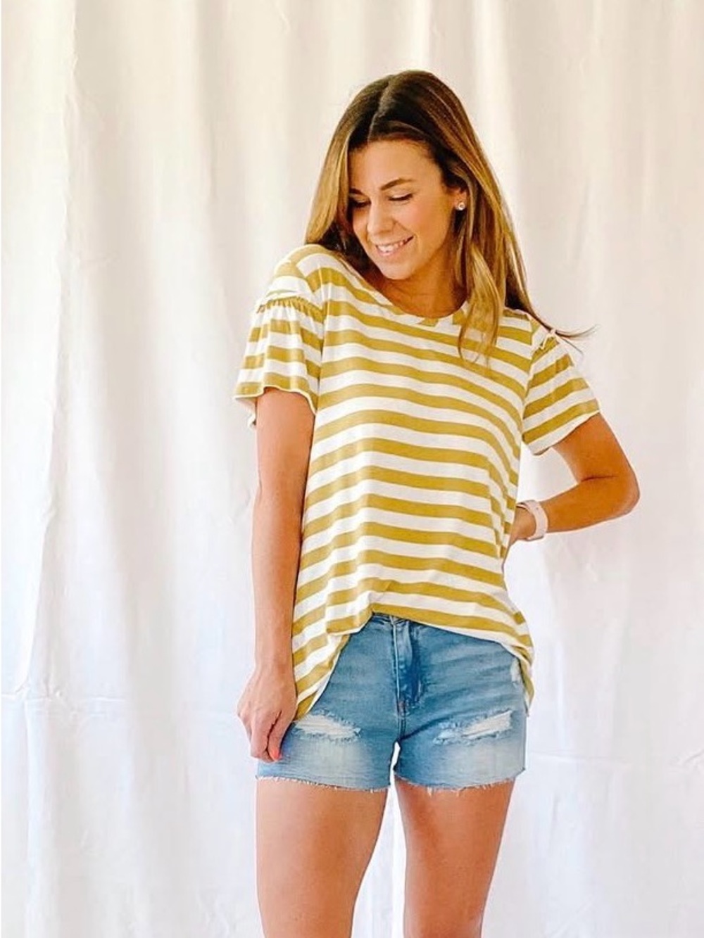 Hem & Thread Striped Short Sleeve Top in Yellow and White